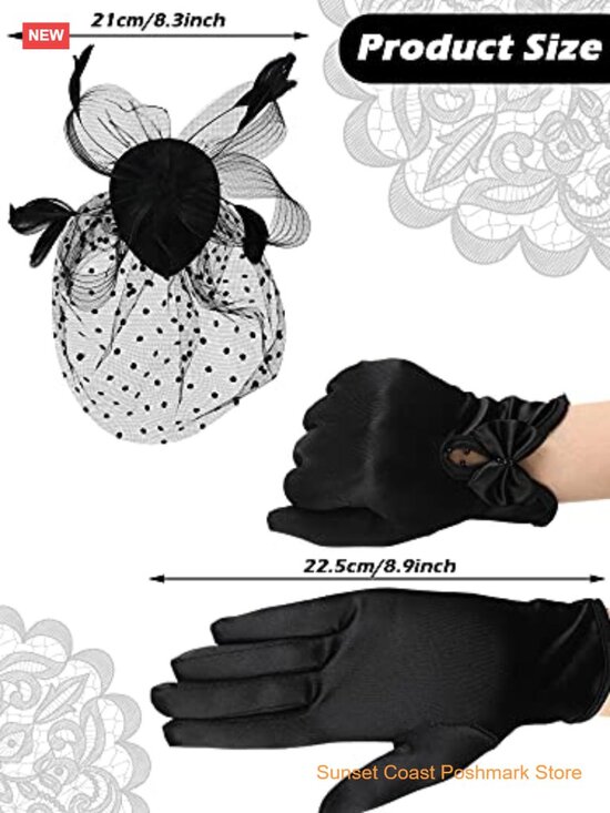 Fascinator Hat with Veil and Lace Gloves Pillbox Cocktail Tea Party Headpiece main image 5